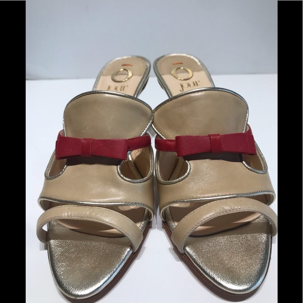 Beige mid slide red leather bow and gold heel